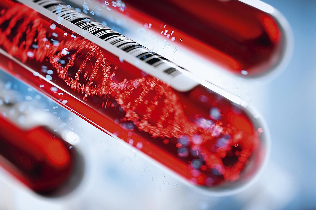 Molecule of DNA forming inside the test tube in the blood test equipment.3d rendering,conceptual image.