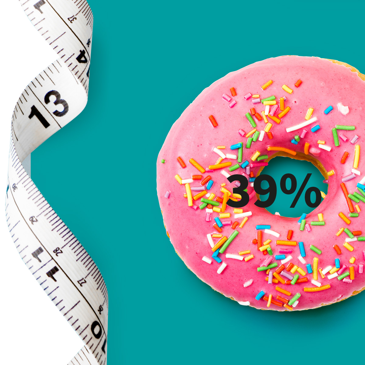 [.DE-de Germany (german)] •	A measuring tape and a doughnut with pink icing and colourful sugar sprinkle as a metaphor for obesity